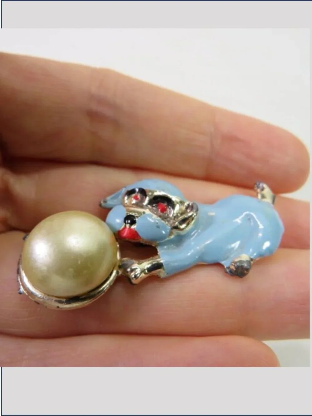 Vintage Mid Century Blue Enamel Dog Faux Pearl Ball Brooch Pin Whimsical Novelty